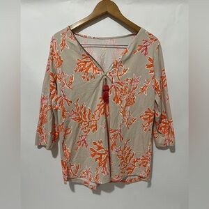 Belle by Kim Gravel Beige Tunic with Orange & Pink Coral Print